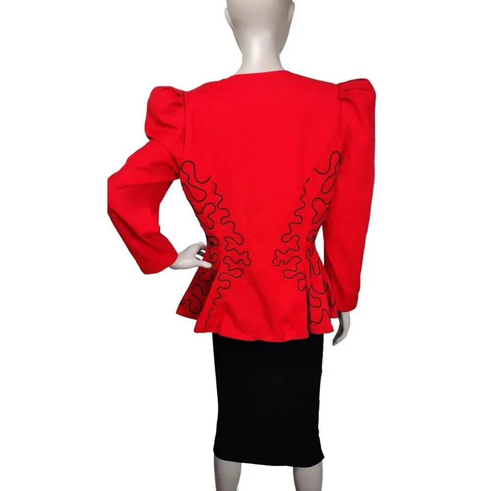 VTG 80s Does 40s Leslie Lucks Soutache High Shoulder Puff Sleeve Peplum Blazer